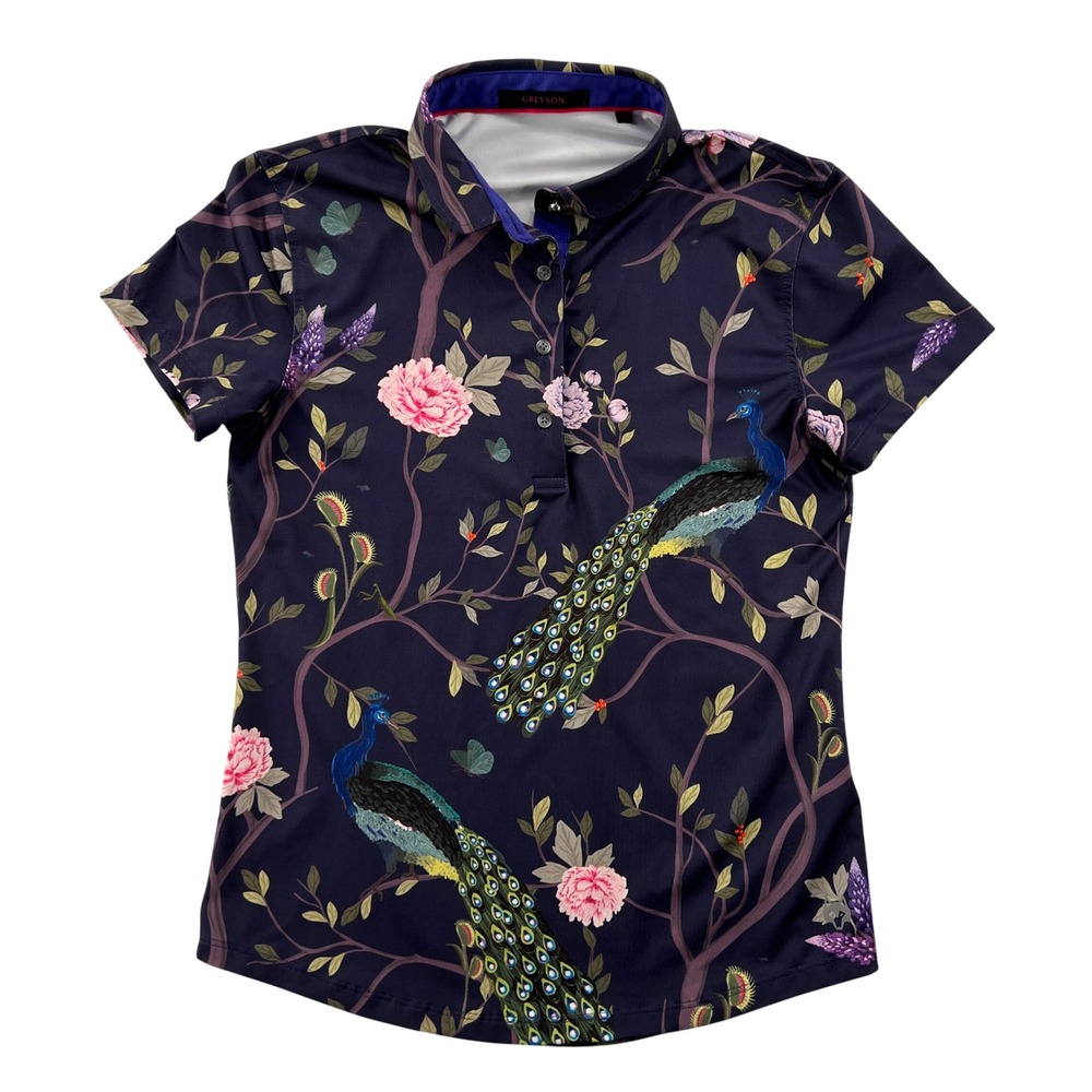 Greyson Scarlett Garden Venus Polo Women Small Navy Peacock Floral Preppy Golf